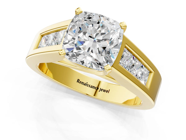 Yellow Gold Cushion Cut Engagement Ring Setting with Channel-Set Princess Cut Side Accents