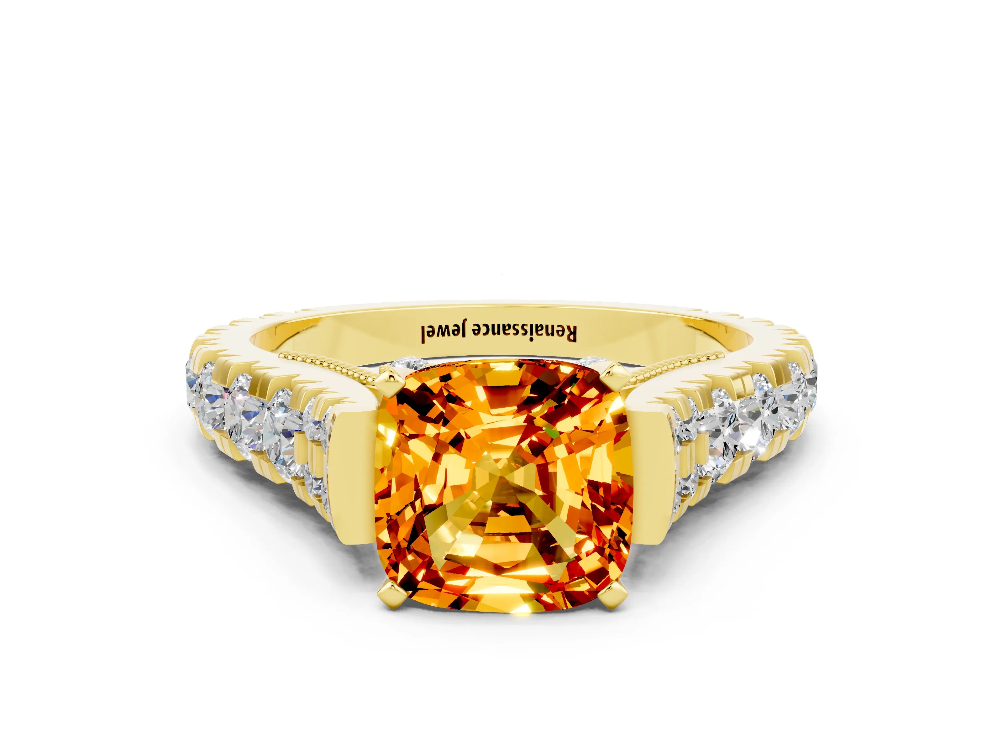 Yellow gold Cushion Cut Citrine Classic Solitaire Ring with Pavé Band and Four-Prong Setting
