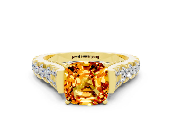 Yellow gold Cushion Cut Citrine Classic Solitaire Ring with Pavé Band and Four-Prong Setting