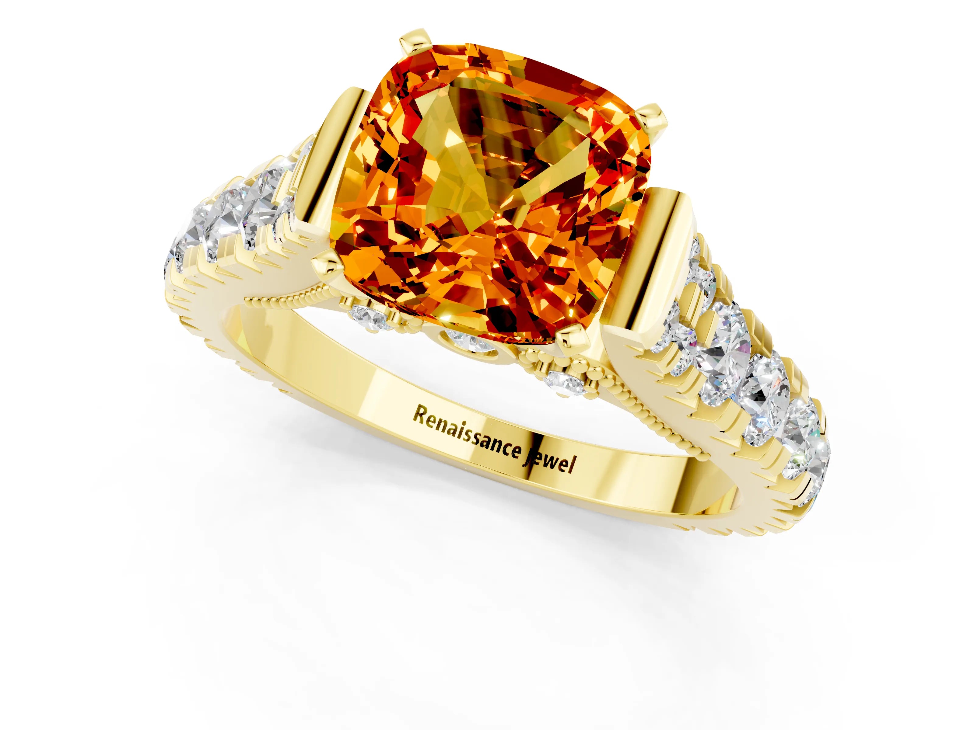 Yellow gold Cushion Cut Citrine Classic Solitaire Ring with Pavé Band and Four-Prong Setting_1