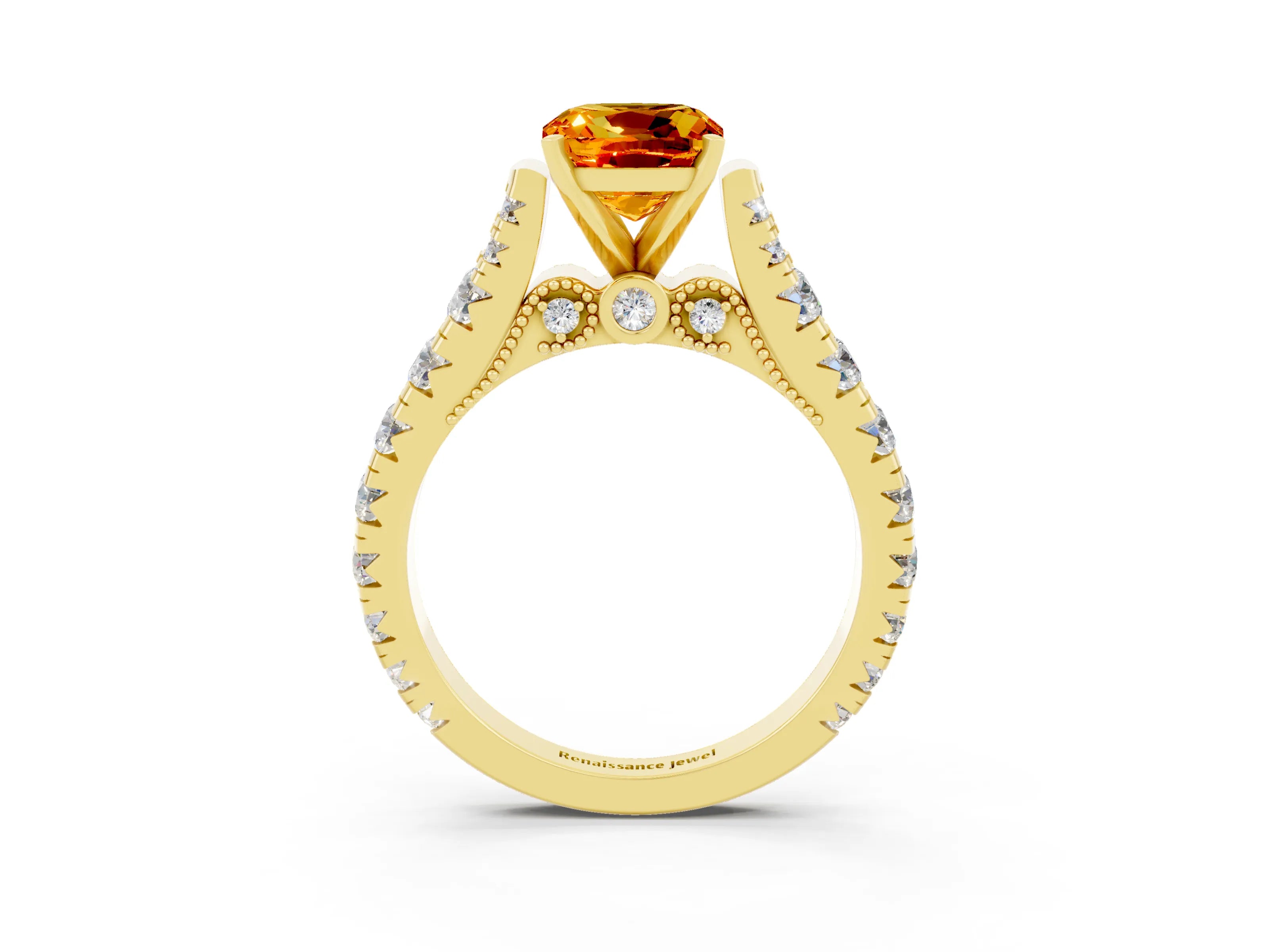 Yellow gold Cushion Cut Citrine Classic Solitaire Ring with Pavé Band and Four-Prong Setting_3