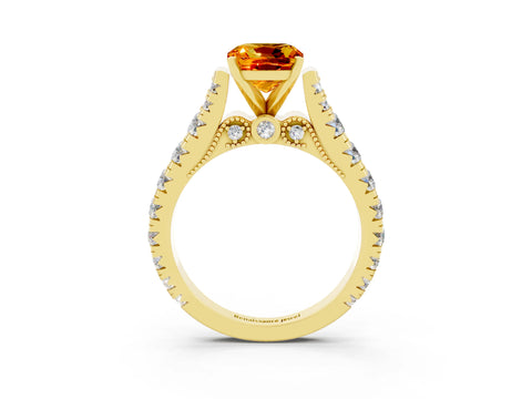 Yellow gold Cushion Cut Citrine Classic Solitaire Ring with Pavé Band and Four-Prong Setting_3