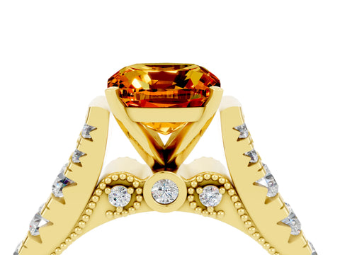Yellow gold Cushion Cut Citrine Classic Solitaire Ring with Pavé Band and Four-Prong Setting_4