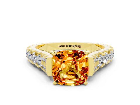 Yellow gold Cushion Cut Citrine Classic Solitaire Ring with Pavé Band and Four-Prong Setting