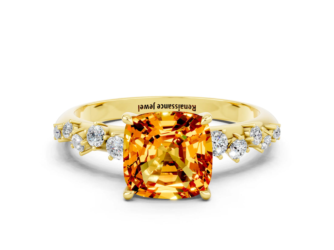 Yellow gold Cushion Cut Citrine Cluster Side Stone Solitaire Ring with Prong Setting_24