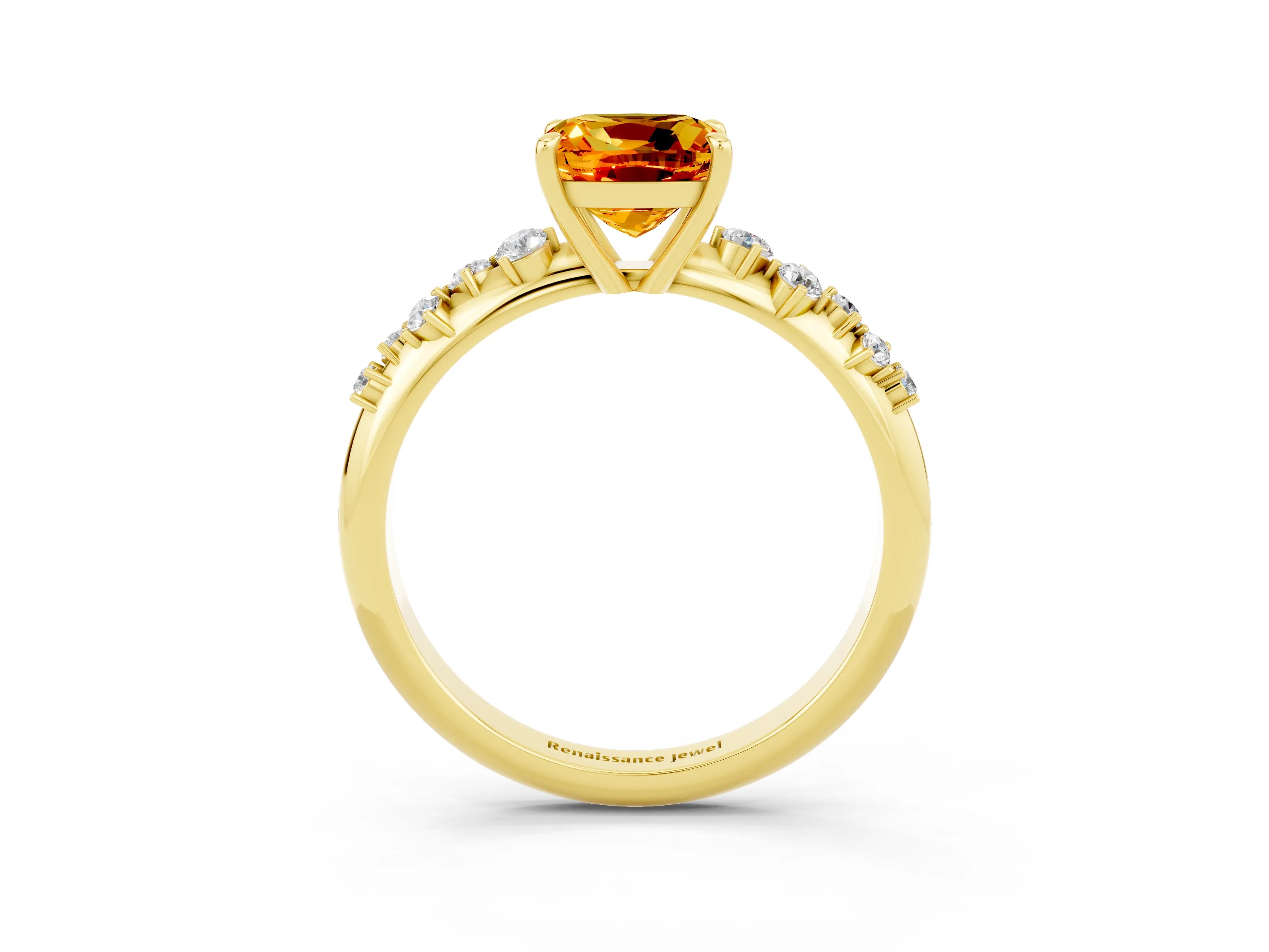 Yellow gold Cushion Cut Citrine Cluster Side Stone Solitaire Ring with Prong Setting_27