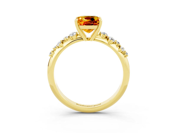 Yellow gold Cushion Cut Citrine Cluster Side Stone Solitaire Ring with Prong Setting