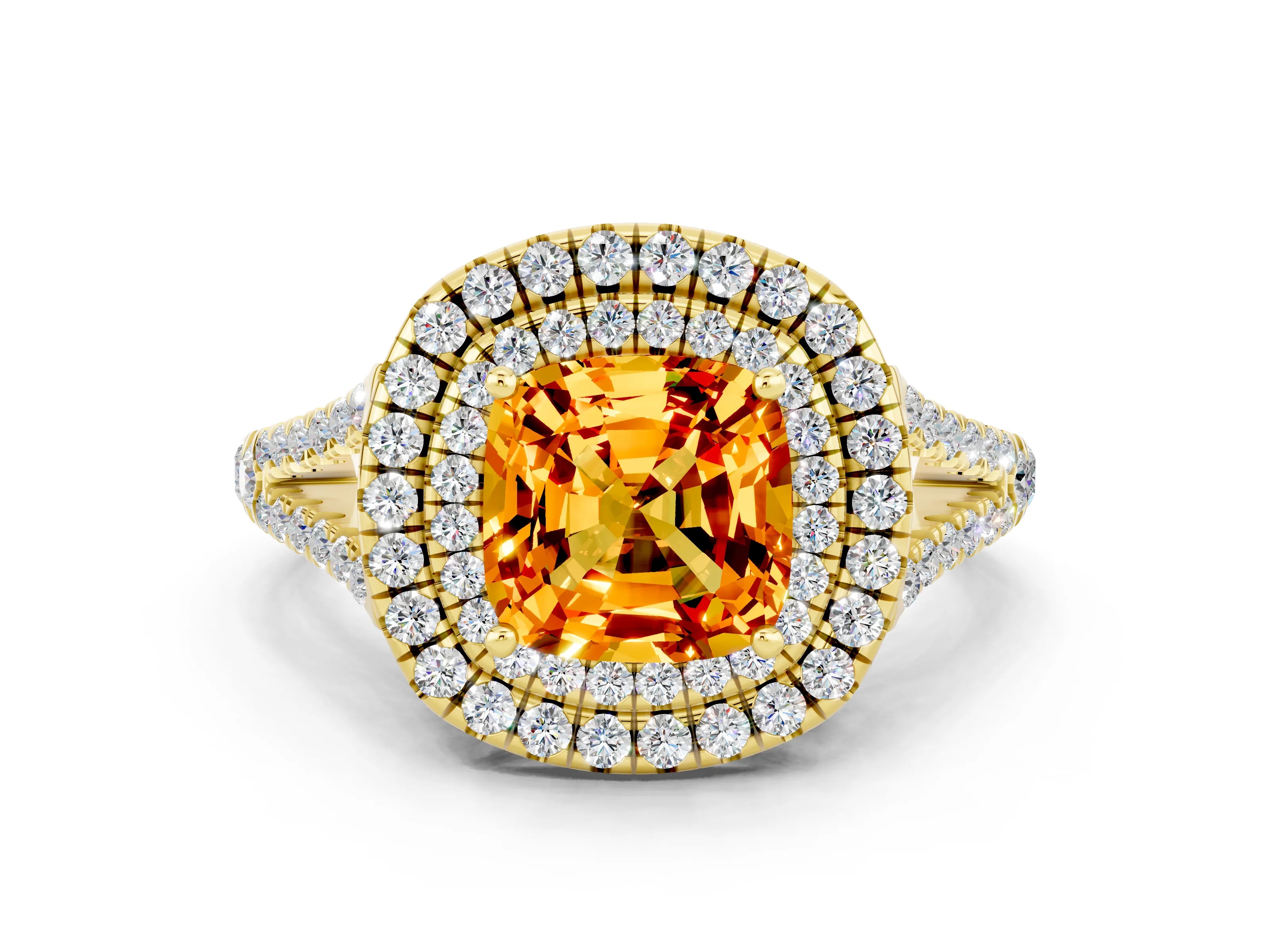 Yellow gold Cushion Cut Citrine Double Halo Ring with Pavé Band and Prong Setting_12