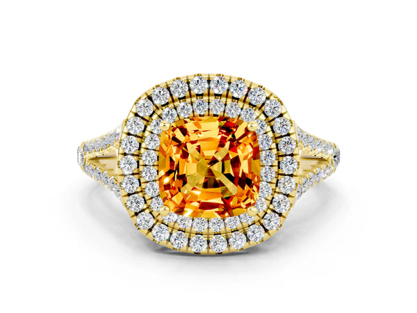 Yellow gold Cushion Cut Citrine Double Halo Ring with Pavé Band and Prong Setting