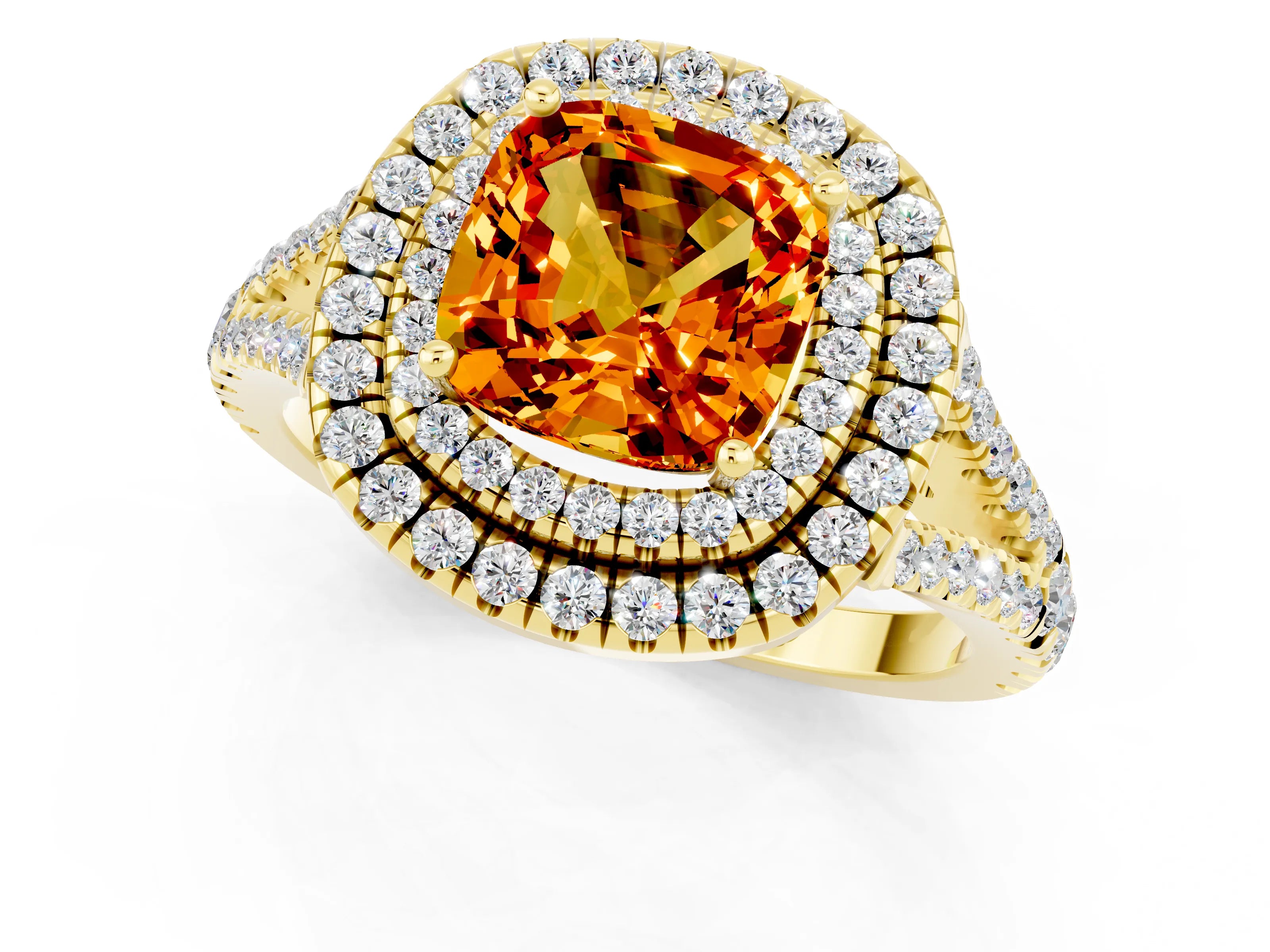 Yellow gold Cushion Cut Citrine Double Halo Ring with Pavé Band and Prong Setting_13