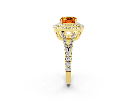 Yellow gold Cushion Cut Citrine Double Halo Ring with Pavé Band and Prong Setting_14