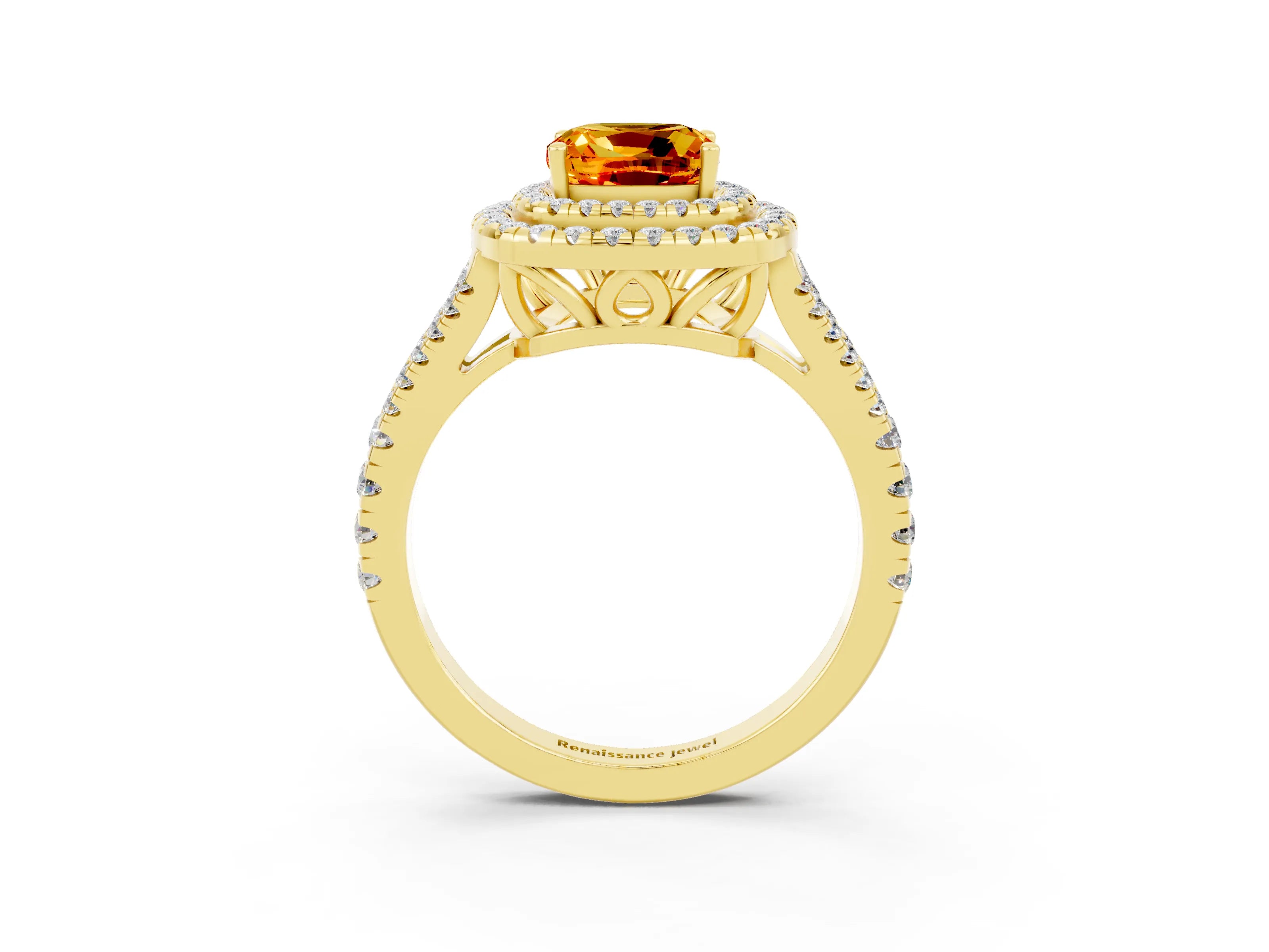 Yellow gold Cushion Cut Citrine Double Halo Ring with Pavé Band and Prong Setting_15