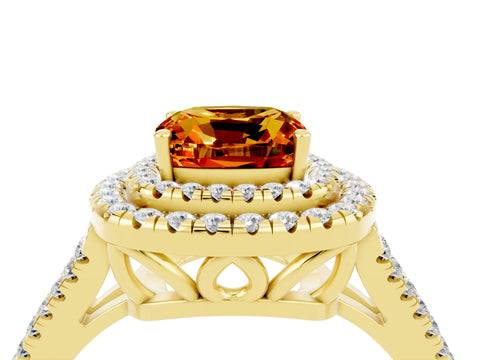 Yellow gold Cushion Cut Citrine Double Halo Ring with Pavé Band and Prong Setting_16