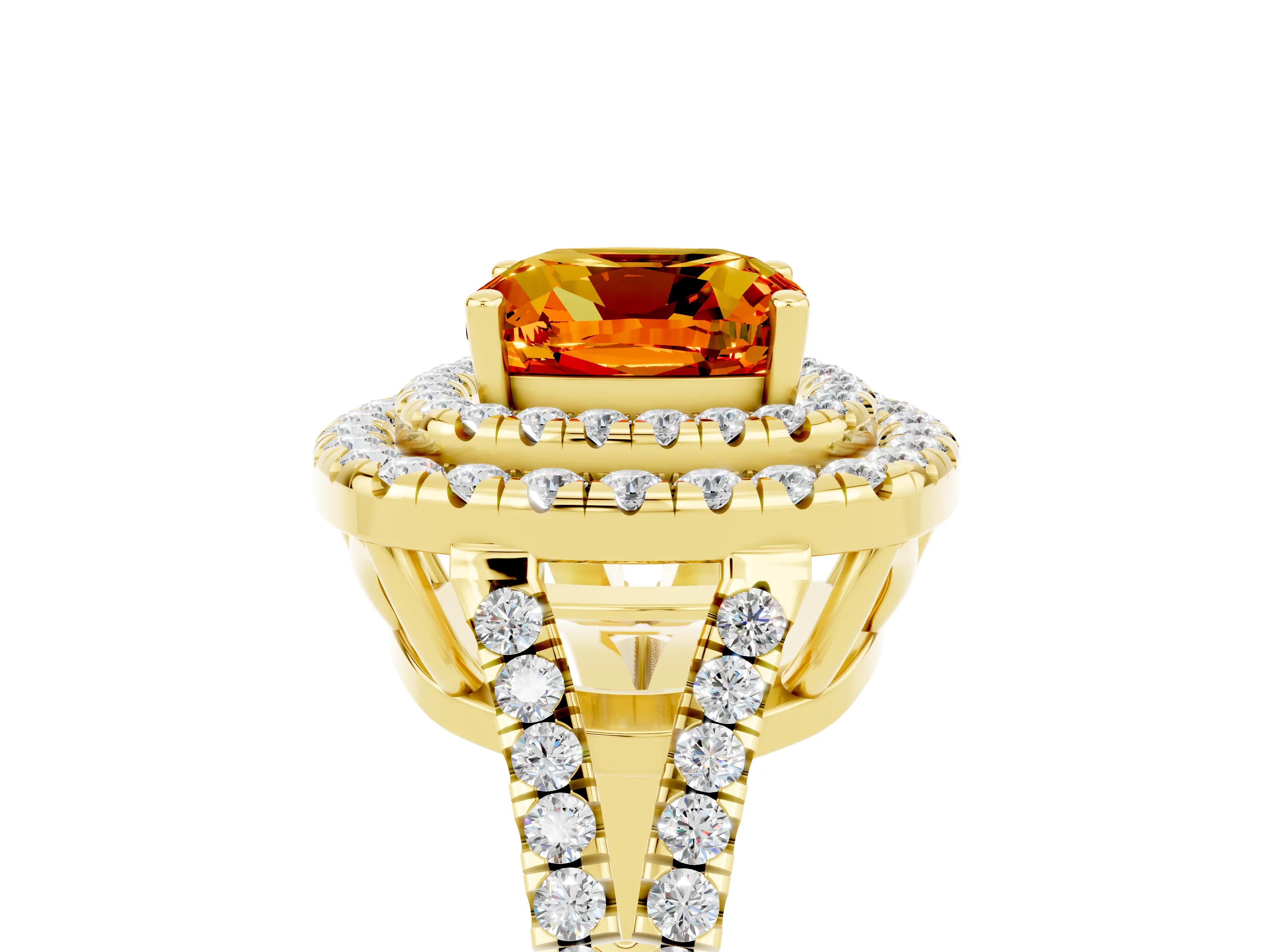 Yellow gold Cushion Cut Citrine Double Halo Ring with Pavé Band and Prong Setting_17