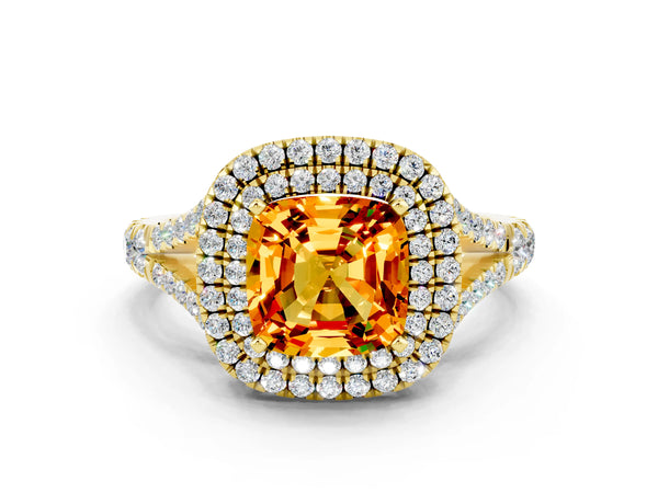 Yellow gold Cushion Cut Citrine Double Halo Ring with Split Shank and Prong Setting