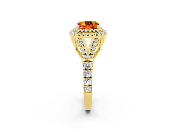 Yellow gold Cushion Cut Citrine Double Halo Ring with Split Shank and Prong Setting