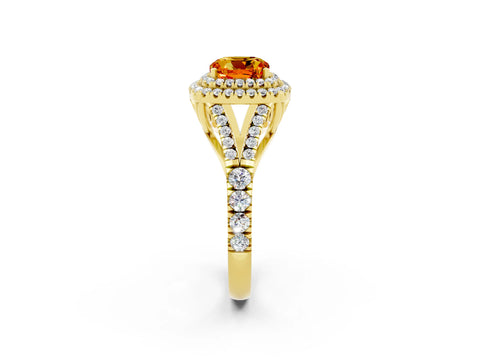 Yellow gold Cushion Cut Citrine Double Halo Ring with Split Shank and Prong Setting_14