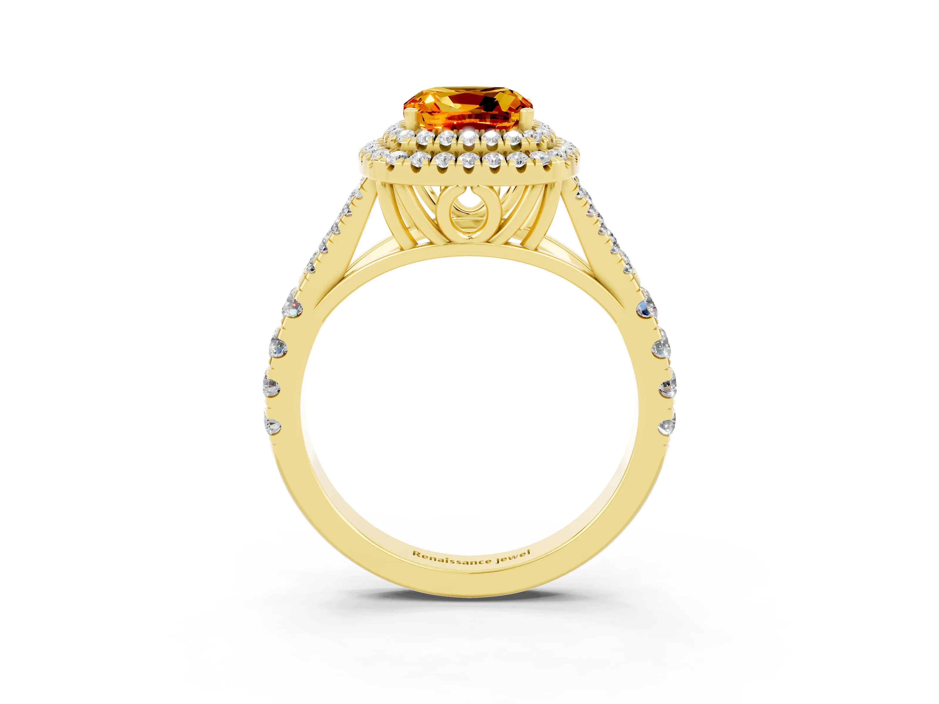 Yellow gold Cushion Cut Citrine Double Halo Ring with Split Shank and Prong Setting_15