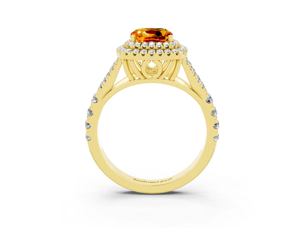 Yellow gold Cushion Cut Citrine Double Halo Ring with Split Shank and Prong Setting