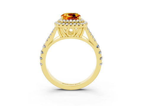 Yellow gold Cushion Cut Citrine Double Halo Ring with Split Shank and Prong Setting_15