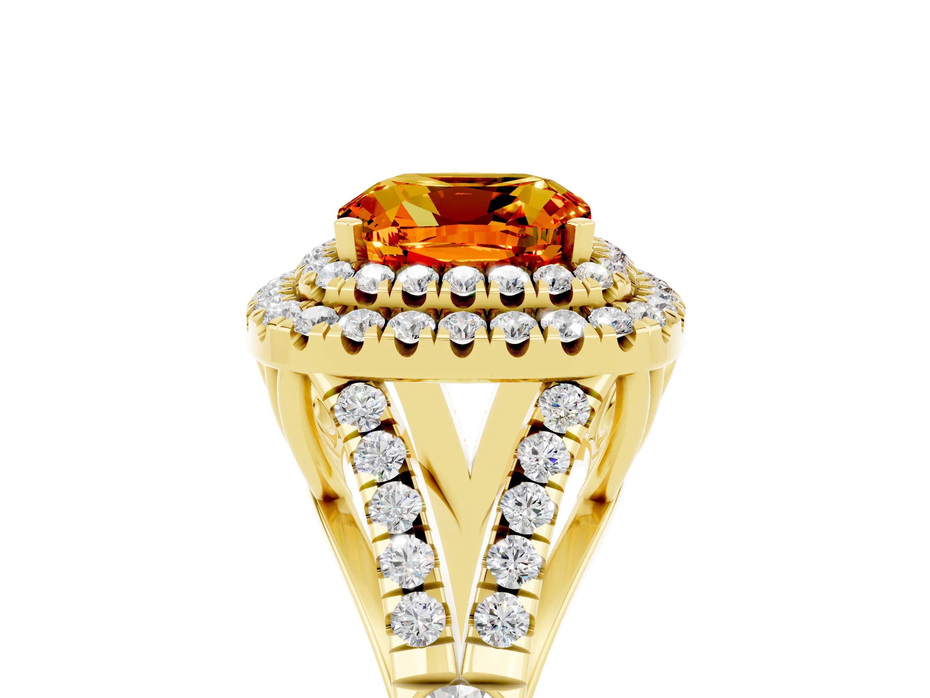 Yellow gold Cushion Cut Citrine Double Halo Ring with Split Shank and Prong Setting_17