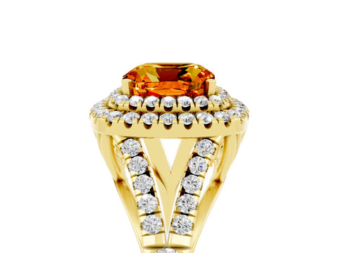 Yellow gold Cushion Cut Citrine Double Halo Ring with Split Shank and Prong Setting_17