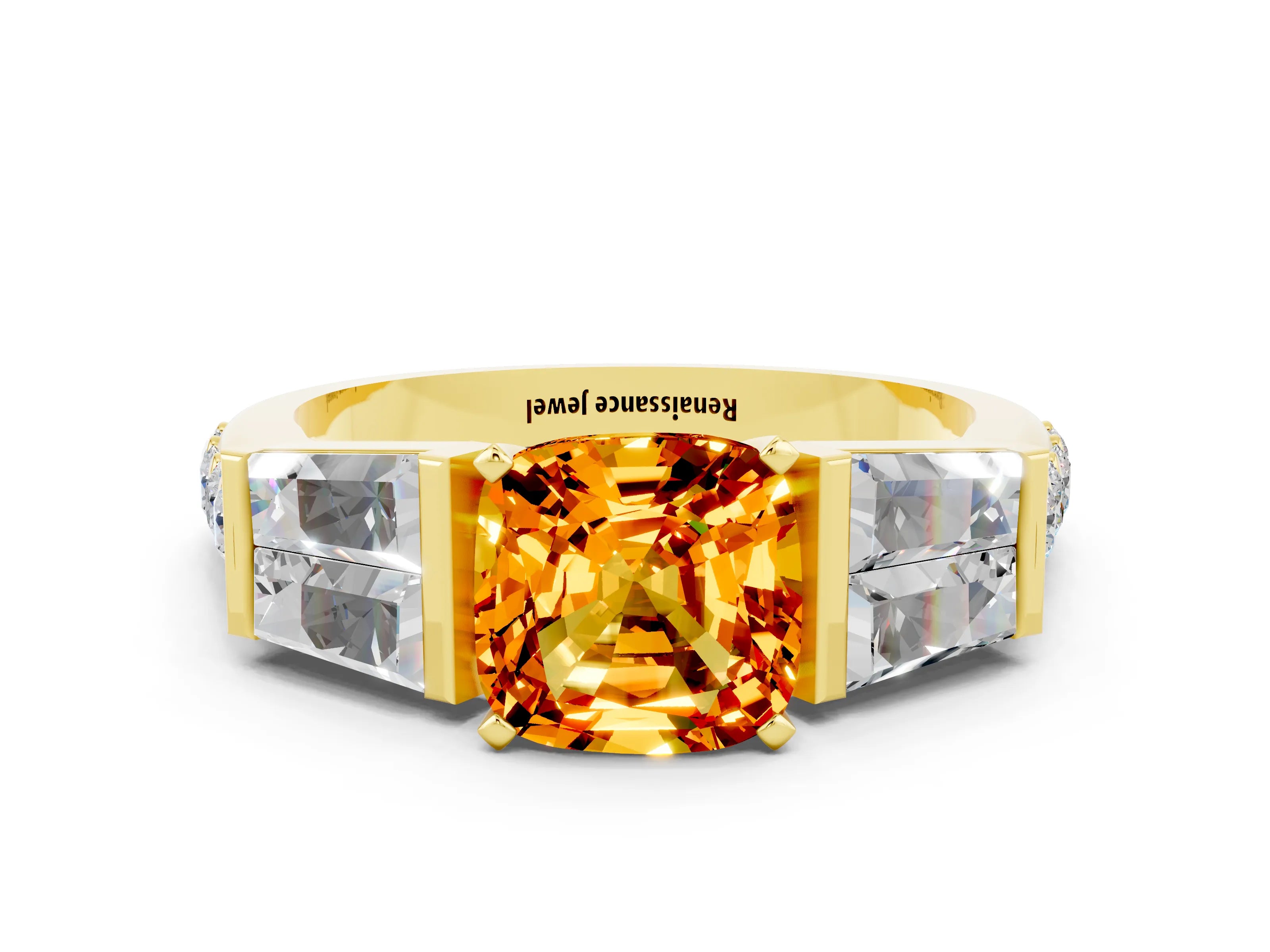 Yellow gold Cushion Cut Citrine Engagement Ring with Baguette Side Stones and Channel Set Band