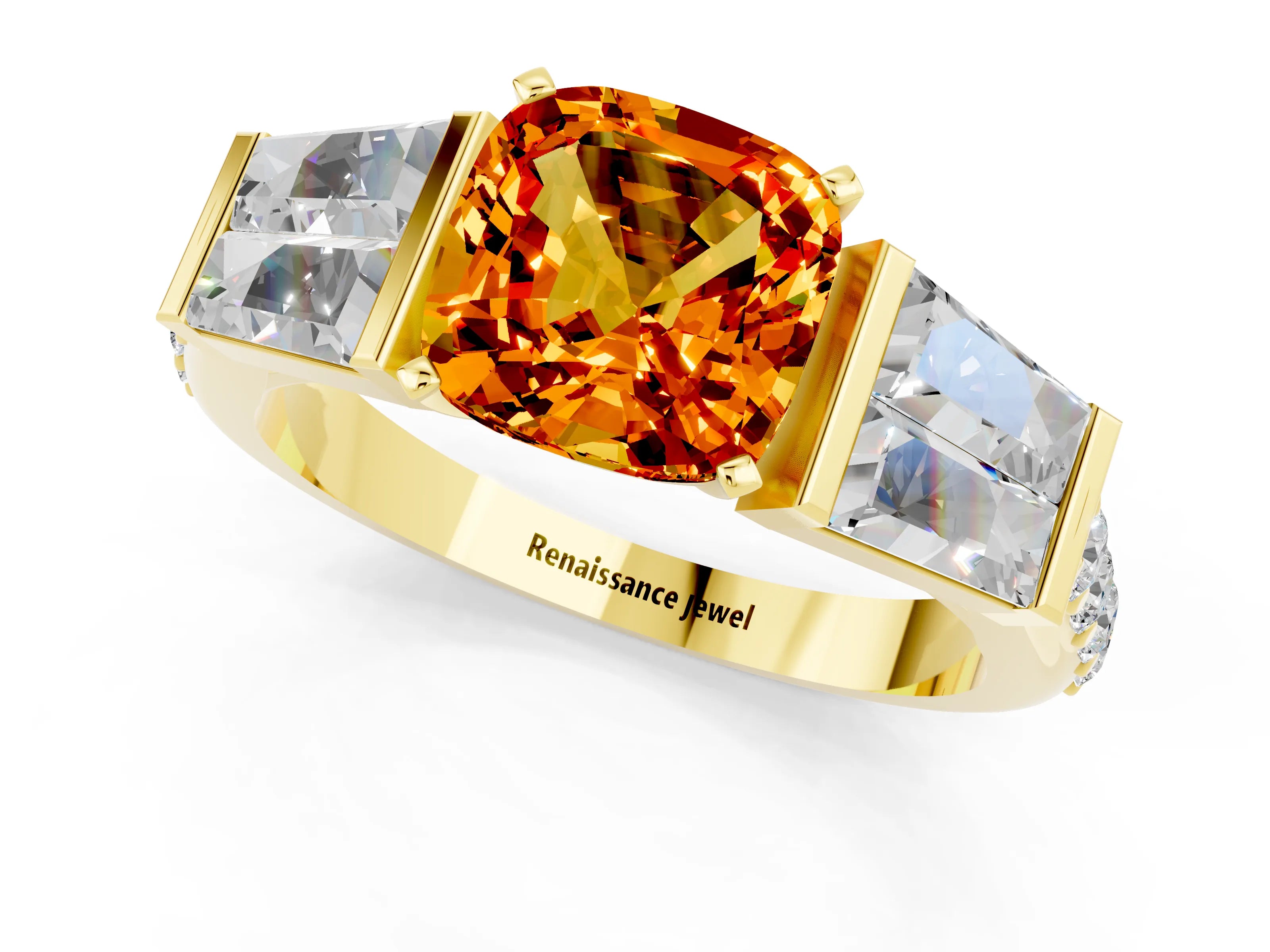 Yellow gold Cushion Cut Citrine Engagement Ring with Baguette Side Stones and Channel Set Band_1