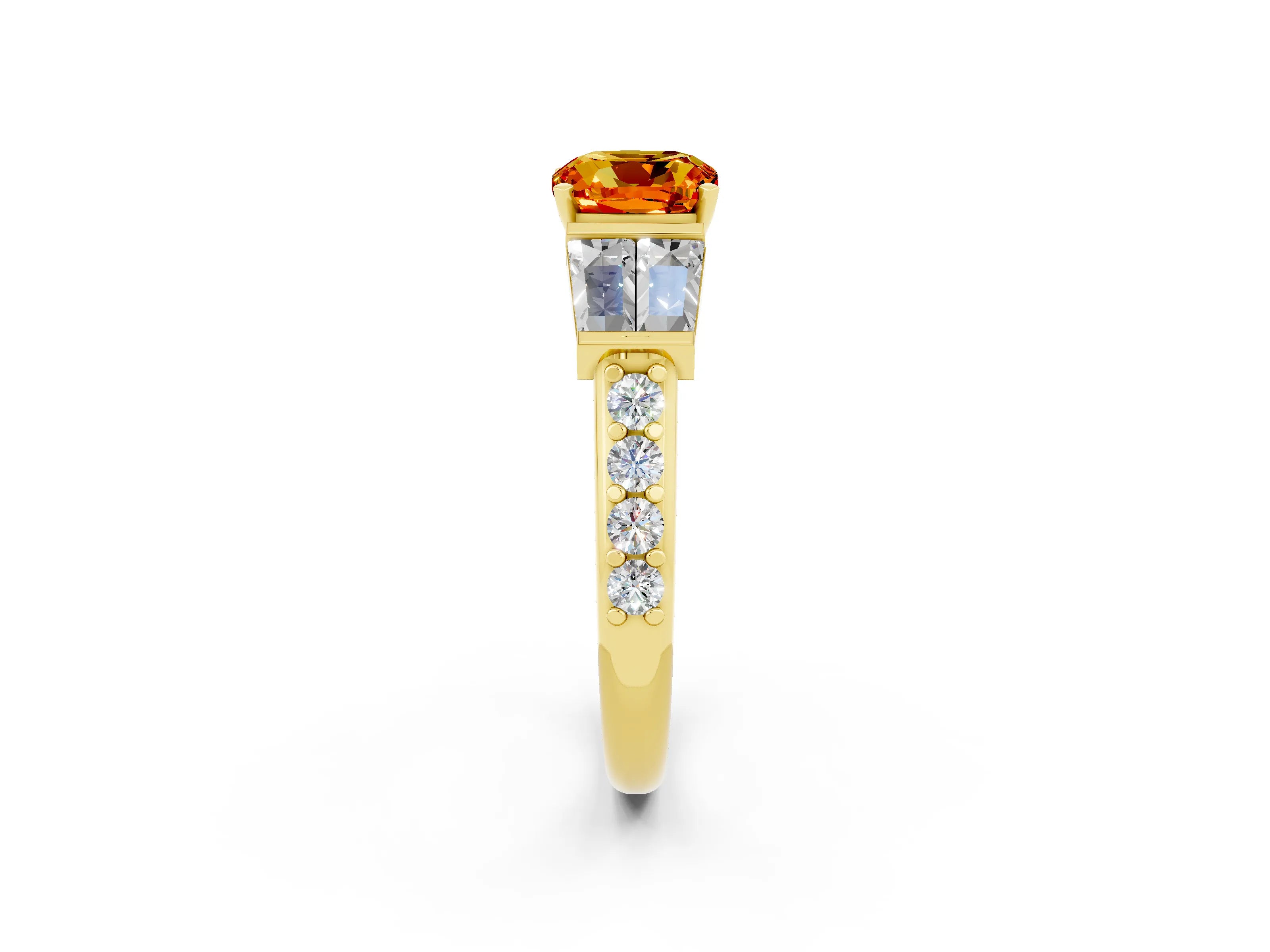 Yellow gold Cushion Cut Citrine Engagement Ring with Baguette Side Stones and Channel Set Band_2