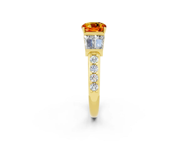 Yellow gold Cushion Cut Citrine Engagement Ring with Baguette Side Stones and Channel Set Band