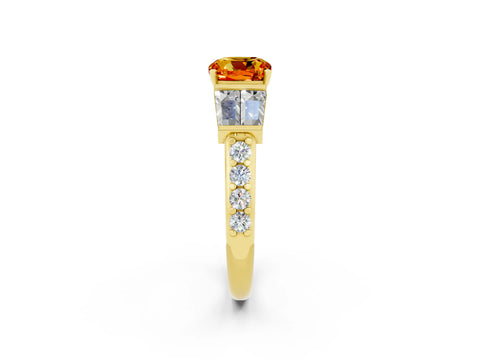 Yellow gold Cushion Cut Citrine Engagement Ring with Baguette Side Stones and Channel Set Band_2