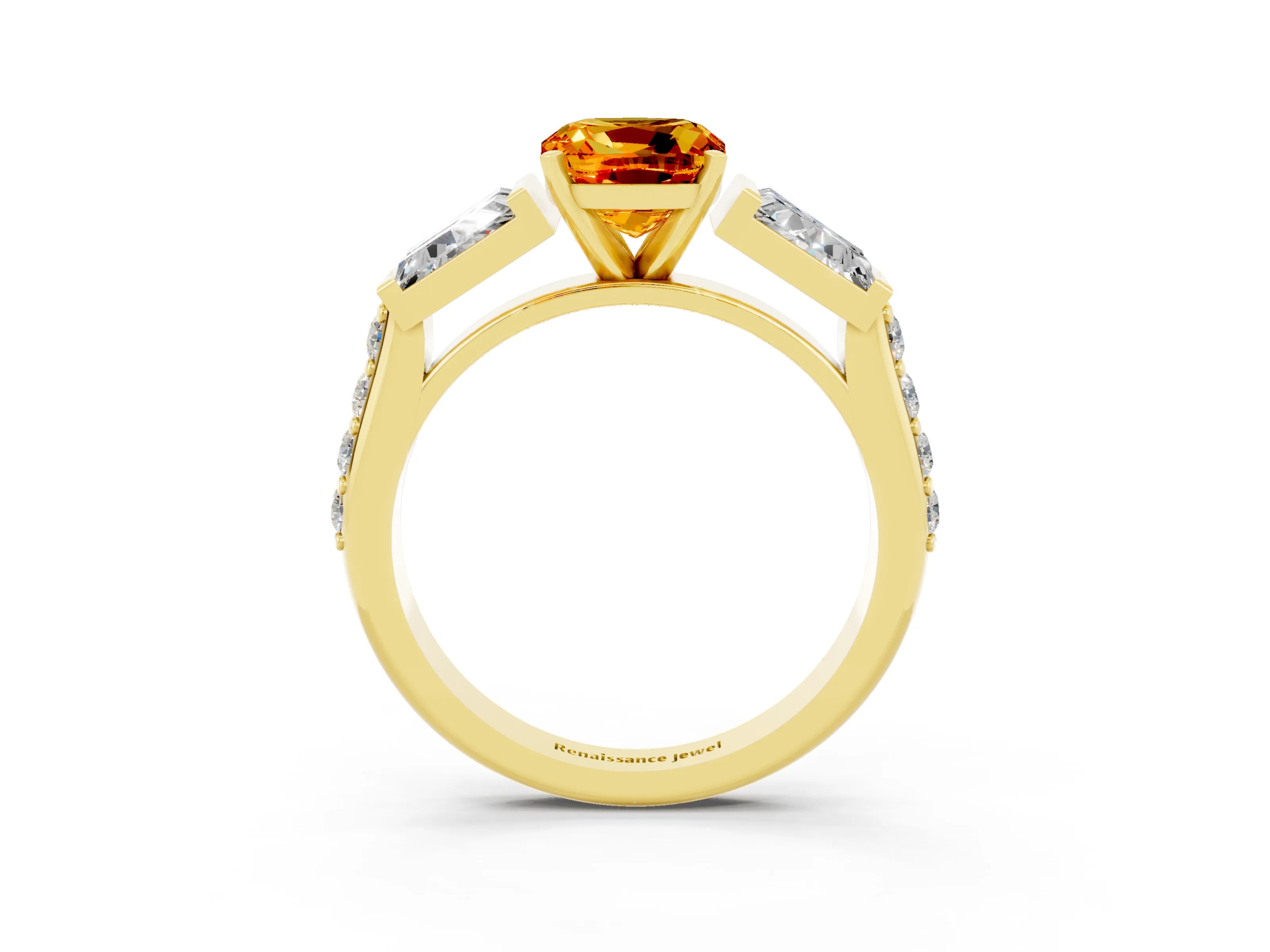 Yellow gold Cushion Cut Citrine Engagement Ring with Baguette Side Stones and Channel Set Band_3