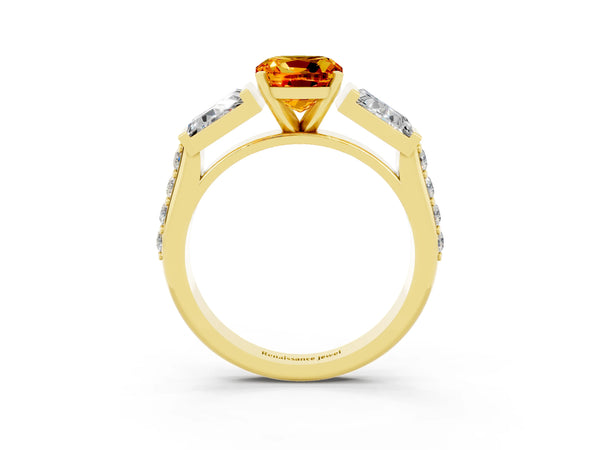 Yellow gold Cushion Cut Citrine Engagement Ring with Baguette Side Stones and Channel Set Band