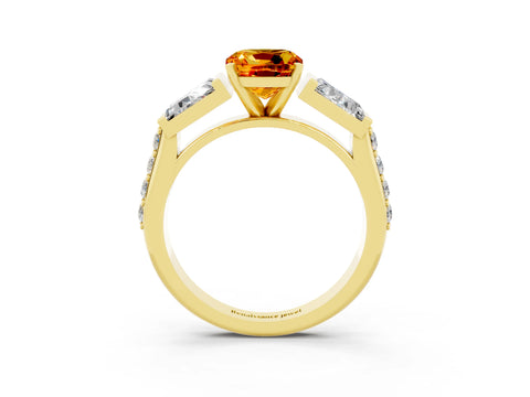 Yellow gold Cushion Cut Citrine Engagement Ring with Baguette Side Stones and Channel Set Band_3