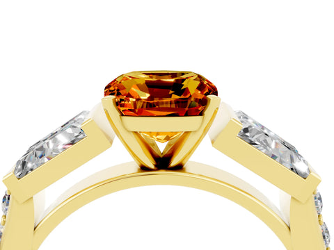 Yellow gold Cushion Cut Citrine Engagement Ring with Baguette Side Stones and Channel Set Band_4