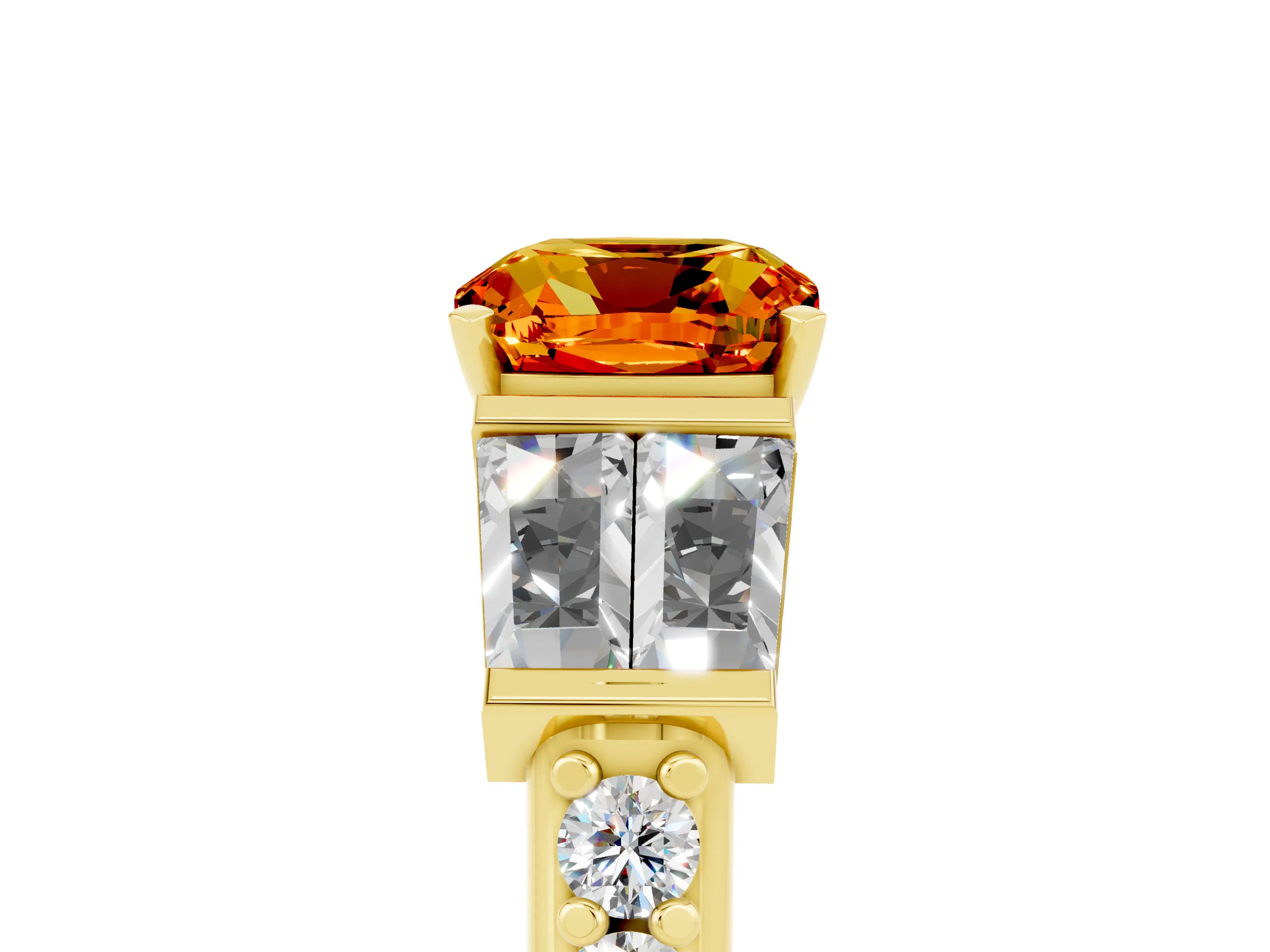 Yellow gold Cushion Cut Citrine Engagement Ring with Baguette Side Stones and Channel Set Band_5