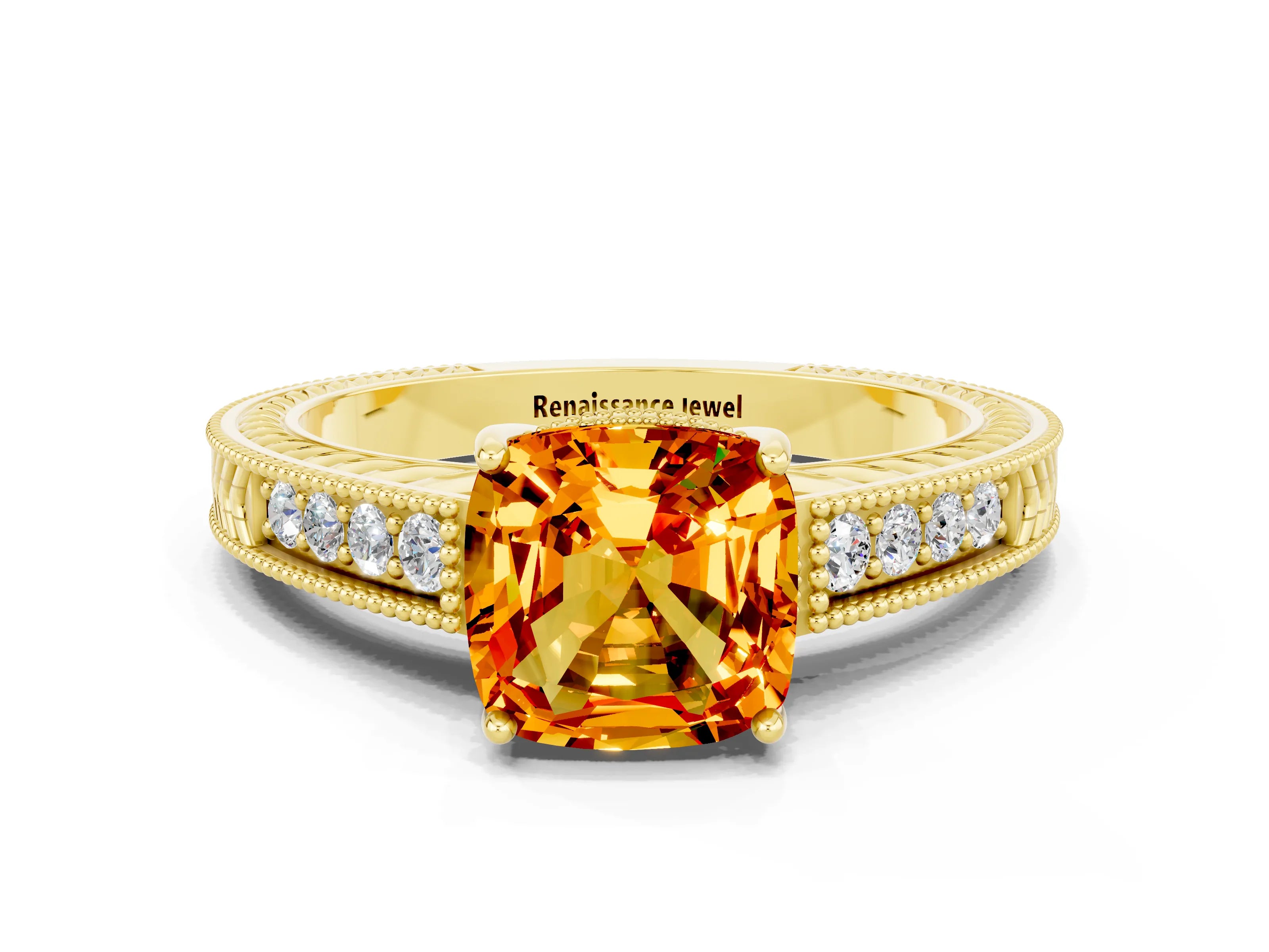Yellow gold Cushion Cut Citrine Engagement Ring with Milgrain Channel Set Band and Prong Setting