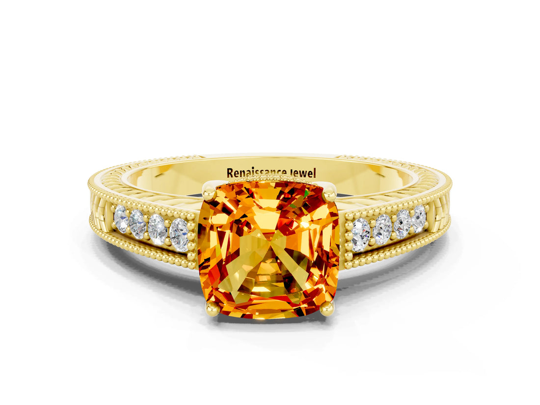 Yellow gold Cushion Cut Citrine Engagement Ring with Milgrain Channel Set Band and Prong Setting