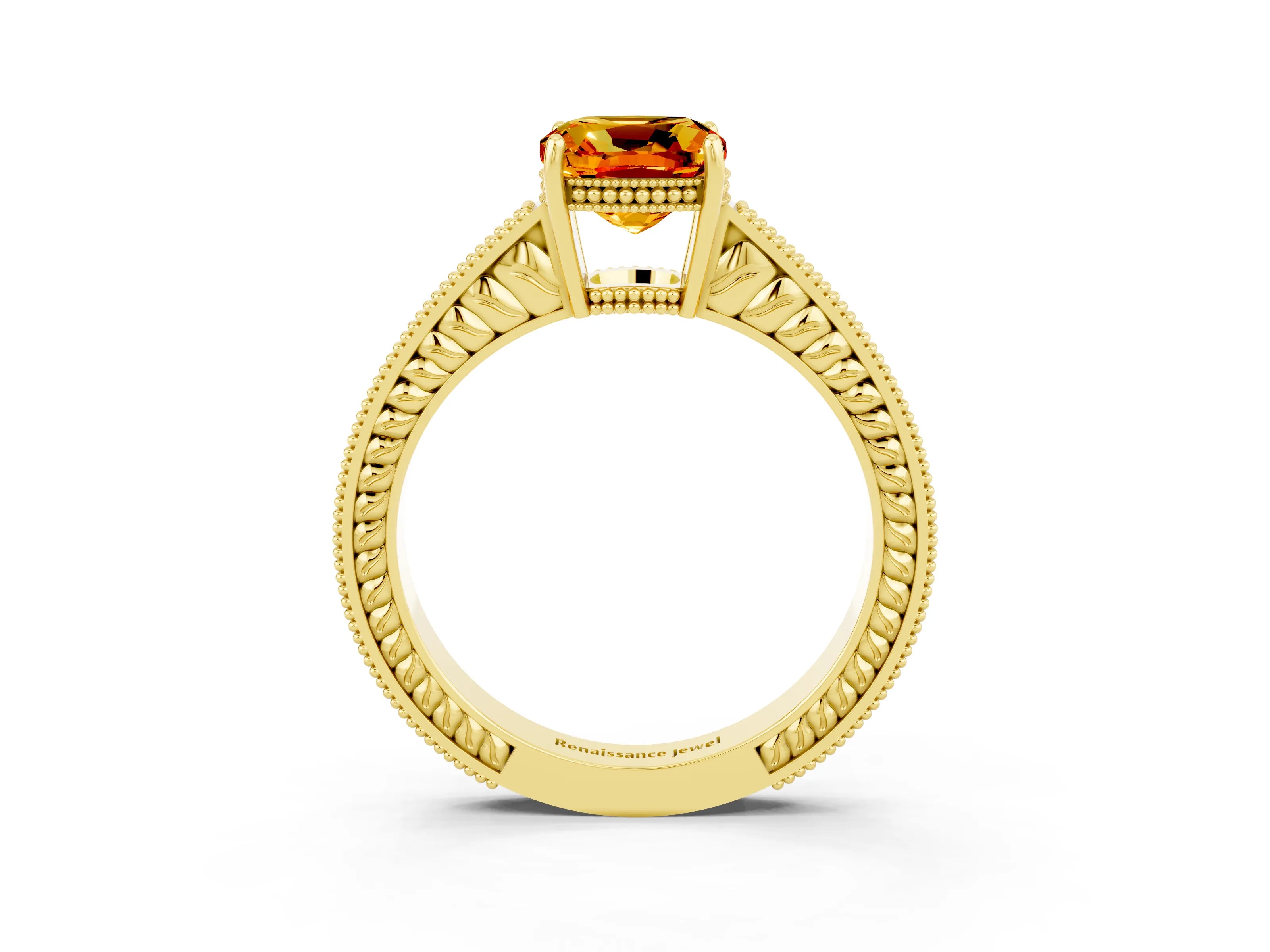 Yellow gold Cushion Cut Citrine Engagement Ring with Milgrain Channel Set Band and Prong Setting_3