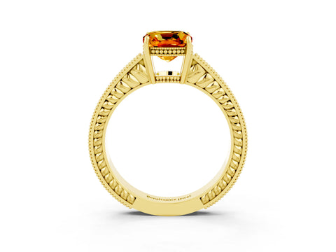 Yellow gold Cushion Cut Citrine Engagement Ring with Milgrain Channel Set Band and Prong Setting_3