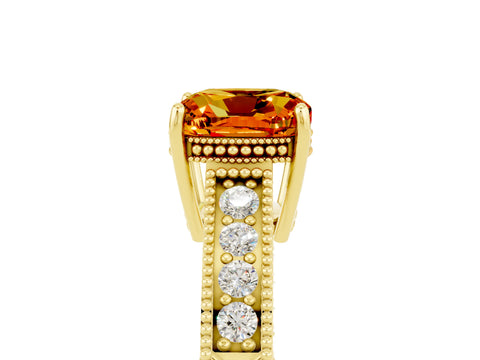 Yellow gold Cushion Cut Citrine Engagement Ring with Milgrain Channel Set Band and Prong Setting_5