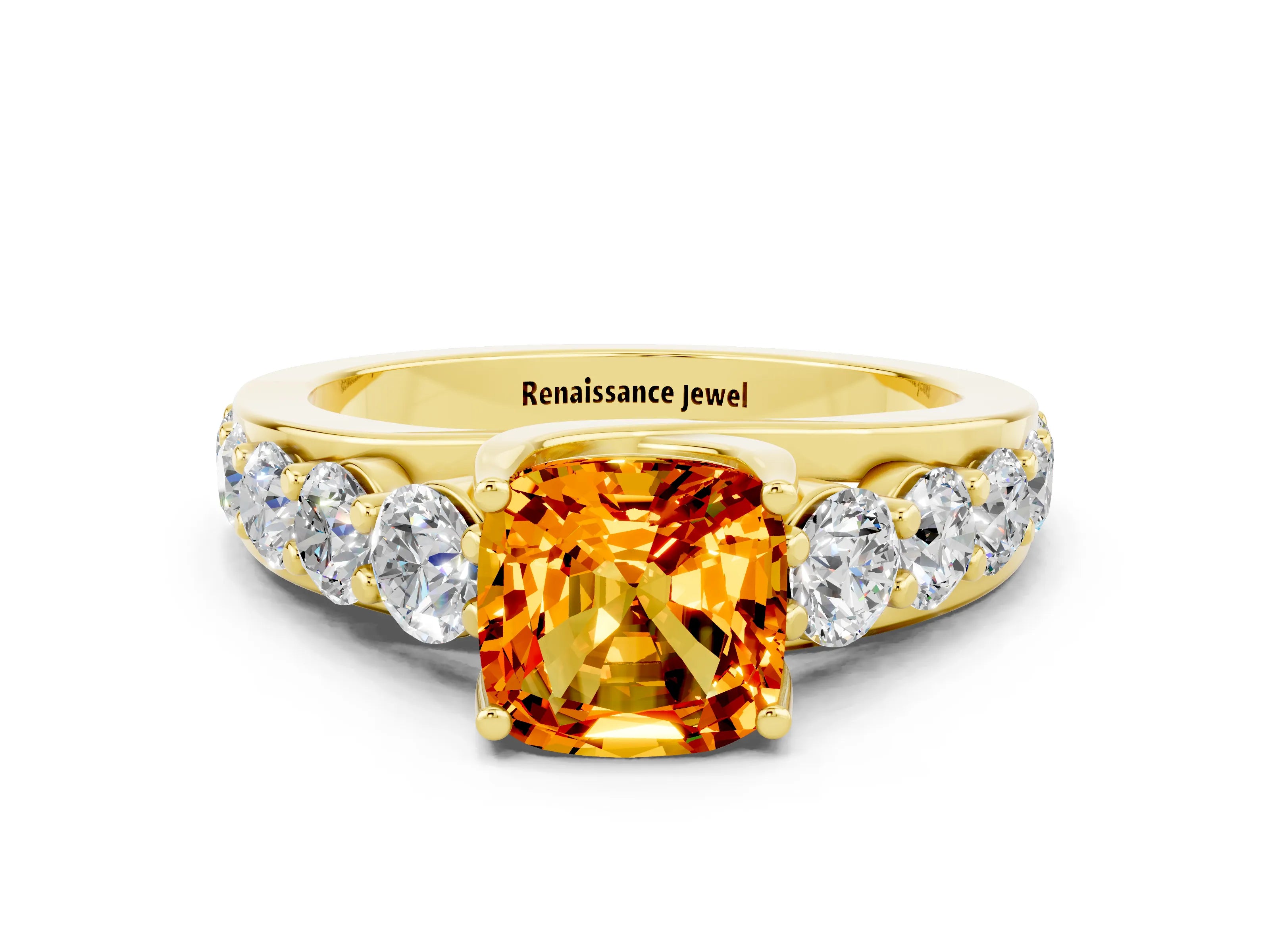 Yellow gold Cushion Cut Citrine Engagement Ring with Pavé Band and Four-Prong Setting
