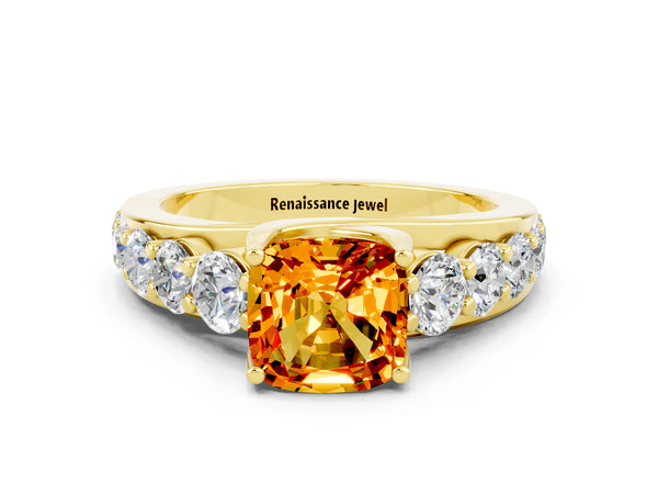 Yellow gold Cushion Cut Citrine Engagement Ring with Pavé Band and Four-Prong Setting