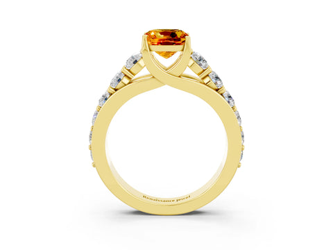 Yellow gold Cushion Cut Citrine Engagement Ring with Pavé Band and Four-Prong Setting_3