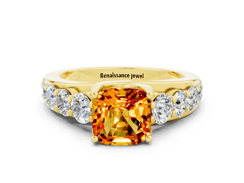 Yellow gold Cushion Cut Citrine Engagement Ring with Pavé Band and Four-Prong Setting