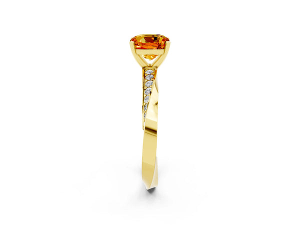 Yellow gold Cushion Cut Citrine Engagement Ring with Side Stone Accents and Four-Prong Setting