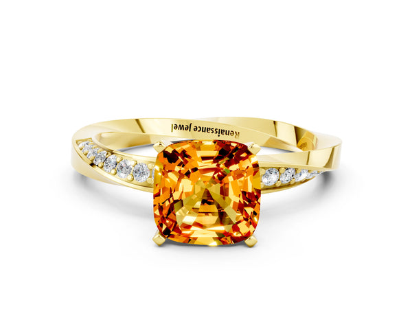 Yellow gold Cushion Cut Citrine Engagement Ring with Side Stone Accents and Four-Prong Setting