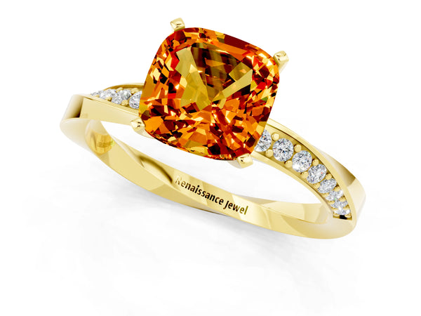 Yellow gold Cushion Cut Citrine Engagement Ring with Side Stone Accents and Four-Prong Setting