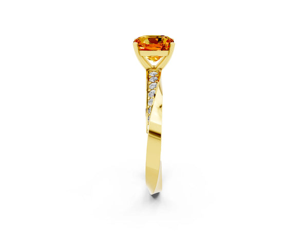 Yellow gold Cushion Cut Citrine Engagement Ring with Side Stone Accents and Four-Prong Setting