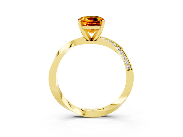 Yellow gold Cushion Cut Citrine Engagement Ring with Side Stone Accents and Four-Prong Setting